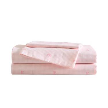 Imagem de Laura Ashley Jogo de cama infantil de solteiro, macio e resistente a rugas, bolsos profundos, lençol com elástico e fronha combinando (laço rosa para meninas)