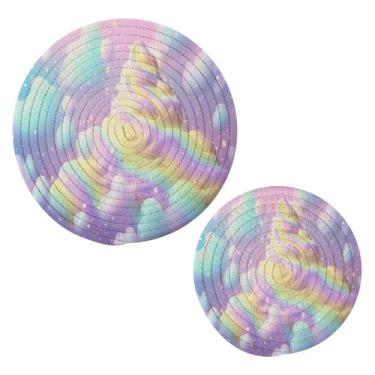 Imagem de Blueangle 2 peças de suporte de panela para sorvete arco-íris - conjunto de pegadores de panela de tecido redondo - almofadas quentes trançadas de algodão - porta-copos - tapetes de mesa para cozinhar