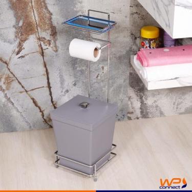 Imagem de Suporte Porta Papel Higiênico E Lixeira Quadrada Com Espaço Porta Celular Papeleira De Chão Para Banheiro Lavabo Em Aço Piatina Decorativo (Preto)