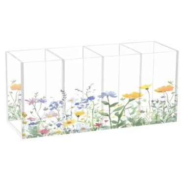 Imagem de SEHANY Porta-canetas de acrílico com flores silvestres coloridas, 4 compartimentos, porta-lápis transparente, organizador de pincéis de maquiagem, organizador de papelaria para escritório, casa