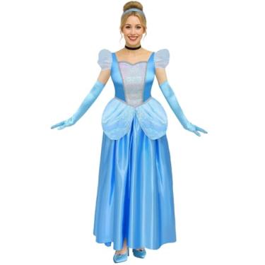 Imagem de ROC PARTY Fantasia feminina de princesa de conto de fadas para adultos, vestido de baile azul, vestido de Halloween com luvas, faixa de cabeça e gargantilha, Azul, M