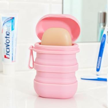 Imagem de 1 caixa de saboneteira portátil com tampa à prova d'água, saboneteira para viagem, banheiro, saboneteira, bandeja dobrada para uso ao ar livre em casa, academia, uso ao ar livre (rosa)