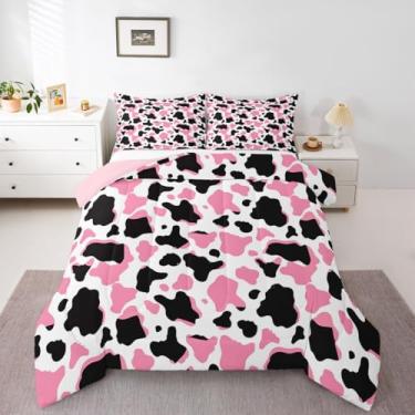 Imagem de jejeloiu Conjunto de edredom com estampa de vaca rosa e preta, para todas as estações, com 2 fronhas, pele de animais da fazenda ocidental, microfibra, roupa de cama queen, decoração de quarto de