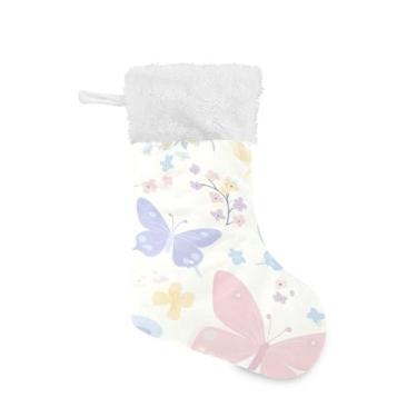 Imagem de Wassud Meia de Natal fofa com punho branco borboletas coloridas pastel 45,7 cm grande para decoração de lareira de lareira 1 pacote