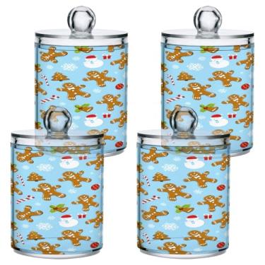 Imagem de STAYTOP 4 frascos de boticário Qtip para banheiro com etiquetas – Recipiente de armazenamento Qtip de plástico transparente para bola de algodão, cotonete, grão de café e pão de gengibre de Natal