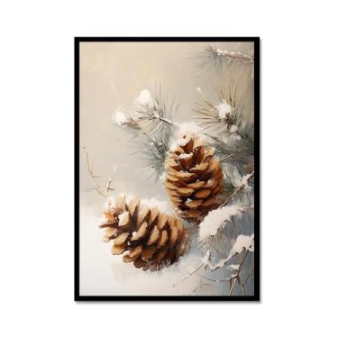 Imagem de Pôster de paisagem de Natal inverno fazenda alce pinhas boneco de neve natureza pintura em tela impressão de parede decoração de sala de estar (SKU5,20.3x30.5 cm = (20x30cm), moldura de metal preto)