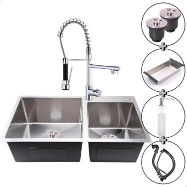 Imagem de SOFTINOX Kit Cuba Cozinha Dupla Gourmet Escovada Aço Inox 304 78x43 + Torneira Monocomando 2 Saídas Cromada – Manta Anti-Ruído, Dispenser, Cesto escorredor, 2 Válvulas e Kit Instalação
