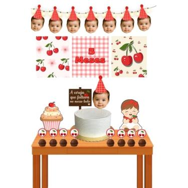 Imagem de Kit Festa Personalizado Tema Cereja, Decoração para Mesversário e Aniversário com Foto