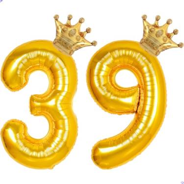 Imagem de 39 balões com números dourados de 101,6 cm para decorações de aniversário de 39 anos para homens e mulheres, balões gigantes de Mylar de 39 anos