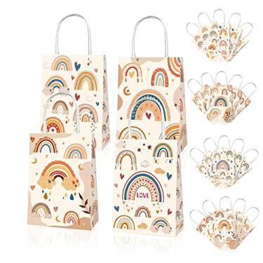 Imagem de 12 peças de sacos de papel kraft retrô com estampa de arco-íris, boêmio, para presente de festa, arco-íris, papel kraft, sacolas de lembrancinhas a granel com alças para casamento, aniversário