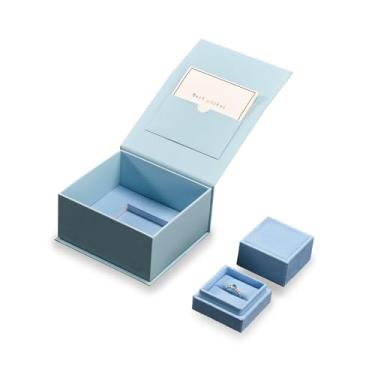 Imagem de Papten Caixa de presente de anel de veludo com caixa de embalagem externa, cartão de felicitações em branco incluído, perfeito para noivado de casamento (azul)
