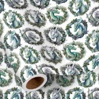 Imagem de RUSPEPA Rolo de papel de embrulho de dragão de Natal, mini rolo, dragão de fantasia com design de guirlanda de inverno, embrulho de presente mágico para meninos, adolescentes, amigos, fãs de fantasia