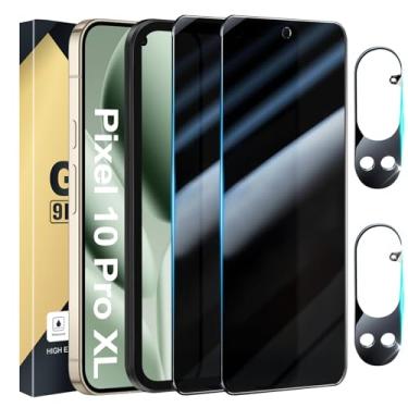 Imagem de [Pacote com 2 + 2] Protetor de tela de privacidade para Pixel 10 Pro XL vidro temperado com protetores de lente de câmera - dureza 9H, antiespião, suporte para desbloqueio de impressões digitais