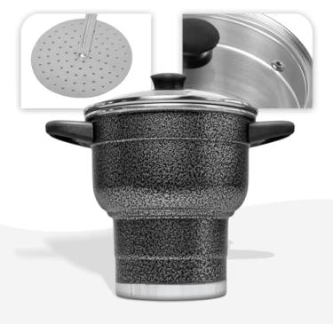 Imagem de Cuscuzeira 16 Granitta Cuscuzeiro Craquelado Tampa de Vidro Com Válvula de Vapor Inox Resistente Revestimento Externo