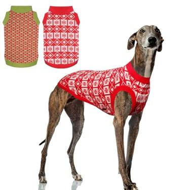 Imagem de Kickred Pacote com 2 suéteres de tricô para animais de estimação, colete pulôver com trela, roupa para clima frio, roupas de inverno para cães grandes, médios e pequenos, estilo laço vermelho e verde