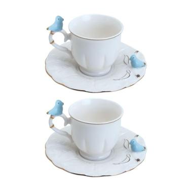Imagem de Jogo 2 Xícara De Café Porcelana Birds Azul E Branca Fio Dourado Pássaro Com Pires 100ml Wolff