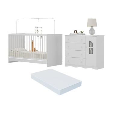 Imagem de Berço 3 Em 1 Com Colchão Incluso E Cômoda 1 Porta 4 Gavetas Liz Multimóveis MP4769 Branco