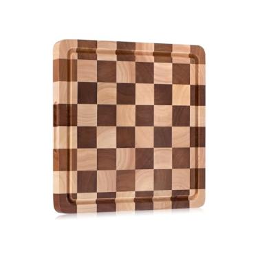 Imagem de Tábua de corte xadrez, tábua quadrada de madeira para cozinha, tábua de cortar bloco de açougueiro de madeira de borracha com ranhuras de suco e alças para carne, legumes e queijo, 30 x 30 x 2,5 cm