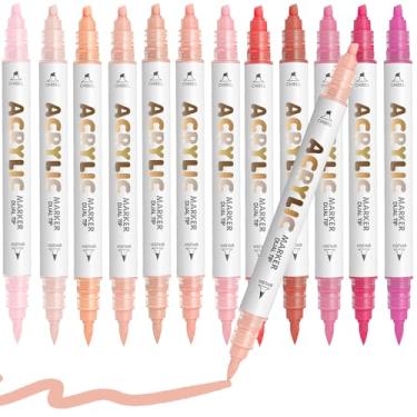 Imagem de Diyeever Canetas de tinta acrílica Pink Skin, à base de água, 12 cores, marcadores de tinta acrílica de ponta dupla para madeira, pedra, vidro, cerâmica, tela, tecido, pedra