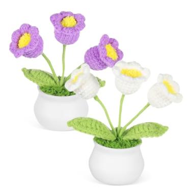 Imagem de Cabilock 2 peças de ornamentos de flores de crochê feitos à mão, resistentes ao desbotamento, decoração artificial do vale do lírio para decoração de painel de carro, escritório e mesa de casa