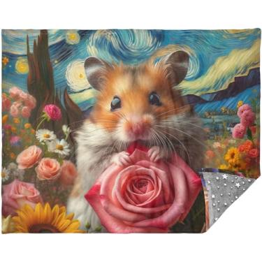 Imagem de TSENQUE Cobertores e mantas de noite estrelada com flores de hamster personalizadas para sofás laváveis 177,8 cm x 139,7 cm Cobertor xadrez Boho