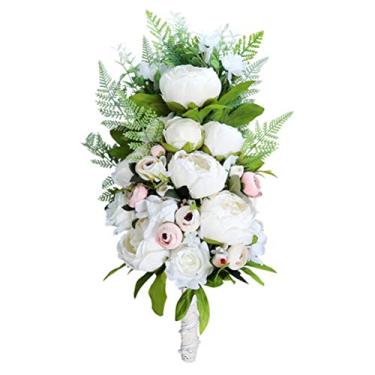 Imagem de jojofuny Buquê de noiva em cascata buquê de casamento buquê de peônia branca buquê de casamento de peônia decoração verde árvore peônia plantas decoração de flor de noiva artificial buquê de flores de