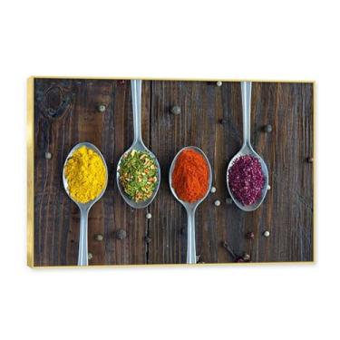 Imagem de NHLDZYH Moldura dourada. Arte de parede em tela de especiarias coloridas e colher de tempero | Decoração de cozinha vintage | Arte moderna para casa e sala de jantar. C38. 40 x 60 cm - 15,8 x 23,7 pol