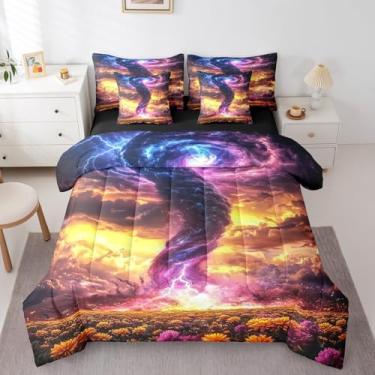 Imagem de Erosebridal Conjunto de edredom solteiro, tornado azul, roxo, 7 peças, relâmpago e nuvem escura em uma bolsa para crianças, meninos, desastres naturais, conjunto de cama sonhador de mar de flores para