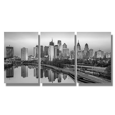Imagem de Imagens de paisagem urbana da Filadélfia para quarto, pinturas de parede do centro da cidade dos EUA, 3 peças, horizonte da Filadélfia, arte de parede preto e branco, decoração de casa para sala de