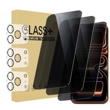 Imagem de Pacote com 3 protetores de tela de privacidade para iPhone 17 Pro de 6,3 polegadas com 3 protetores de lente de câmera, película de vidro temperado antiespionagem, dureza 9H, sem bolhas, compatível