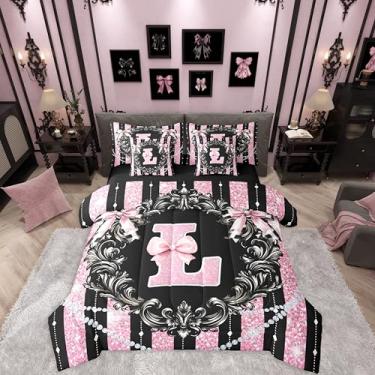 Imagem de Erosebridal Jogo de cama solteiro com letra inicial alfabeto G laço preto e rosa | Conjunto de edredom com laço de glitter Kawaii, para meninas, crianças, gótico, em uma bolsa, conjunto de cama