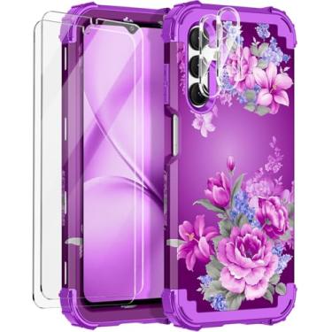 Imagem de Rancase Capa para Galaxy A15 5G, capa protetora resistente à prova de choque de três camadas com 2 protetores de tela de vidro temperado para Samsung Galaxy A15 5G 6,5 polegadas, rosa roxa