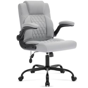 Imagem de Cadeira de escritório com suporte lombar inflável, cadeira de mesa de computador ergonômica de couro com braços dobráveis, trava de inclinação ajustável, cadeira executiva de PC giratória para