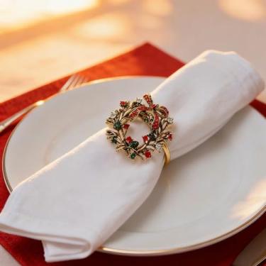 Imagem de Anéis de guardanapo de guirlanda, conjunto de 2 peças de liga metálica para decoração de mesa de Natal e festas de fim de ano