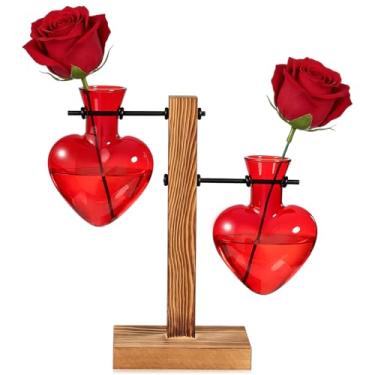 Imagem de Remerry Terrário de plantas para o dia dos namorados com suporte de madeira, coração, amor, vaso de vidro, estação de propagação, plantador de mesa, para decoração hidropônica, presente para amantes