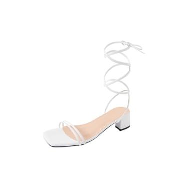 Imagem de GORGLITTER Sandália feminina gladiadora de salto com tiras com cadarço, bico aberto, elegante, salto grosso, Branco, 36 BR