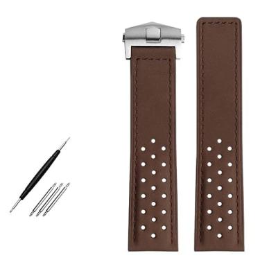 Imagem de GAFNED Pulseira de relógio de couro genuíno de 22 mm para relógios de pulso masculinos da série TAG HEUER MONACO, pulseira de relógio de nobuck com fivela dobrável (prata marrom escuro)