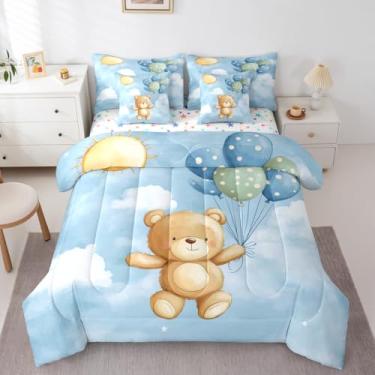 Imagem de Castle Fairy Jogo de cama infantil adorável com estampa de balão azul, 7 peças, edredom de céu nuvem em aquarela, lençol de cima, fronhas e fronhas