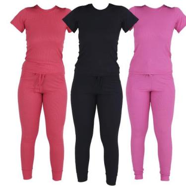 Imagem de Kit 3 Conjutos Ribana Blusa Manga Curta Calça com Bolsos - Click Mais 