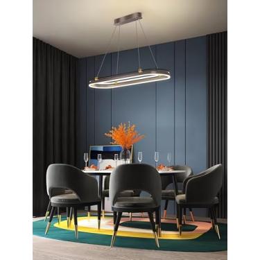 Imagem de Luminária pendente LED oval moderna com intensidade regulável, para mesa de jantar, com controle remoto, estilo anel, altura ajustável, lustre, luminária pendente para cozinha e escritório,
