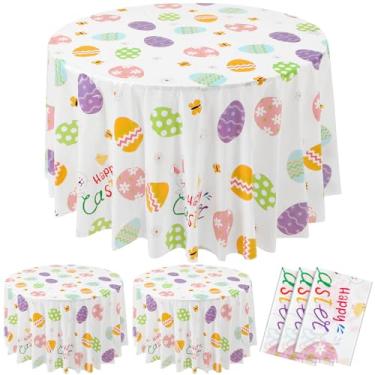Imagem de Hahafelt 3 peças de toalha de mesa redonda de plástico de Páscoa, 203 cm, toalha de mesa descartável, flor de coelho, ovos coloridos, toalha de mesa circular para decoração de festa de aniversário na