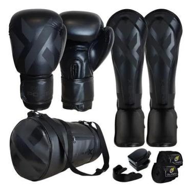 Imagem de Kit Muay Thai Luva Caneleira Bolsa Bandagem Bocal PowerX, Preto, 12Oz 