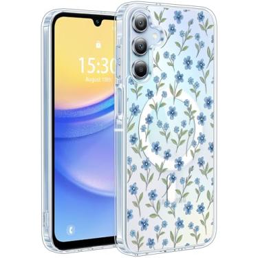 Imagem de Jkvare Capa para Samsung Galaxy A15 compatível com MagSafe, capa protetora magnética sem fio com padrão estético cristalino para mulheres e meninas - pétalas azuis