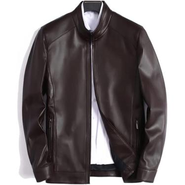 Imagem de Jaqueta De Couro Masculina Casual De Meia-idade Tamanho Grande Gola Alta Couro De Ovelha, Brown, XL