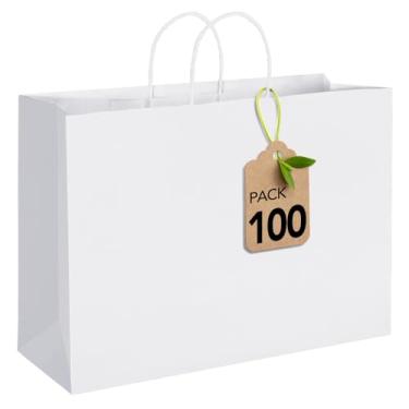 Imagem de MESHA Sacos de papel de presente brancos grandes 16 x 15 x 12 pacote com 100, sacos de presente kraft com alças para compras, lembrancinhas de festa de aniversário, mercearia, varejo, merchandising