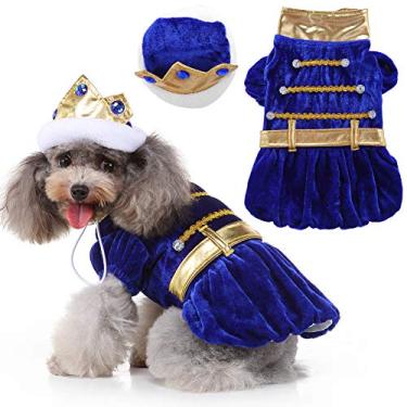 Imagem de Fantasia de Príncipe Cão, fantasia de Halloween, para cães pequenos, médios, fantasia de animal de estimação com coroa de safira para fotos de festa de Halloween, Natal, aniversário