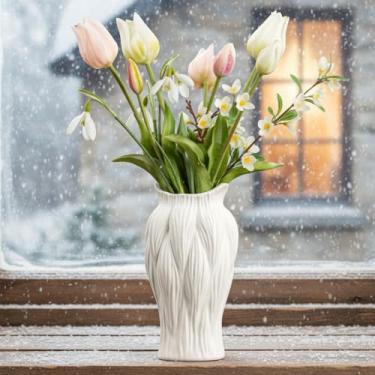 Imagem de Vaso de cerâmica branca com textura inspirada em junco – Vaso de flores exclusivo de 23 cm para grama-dos-pampas e centros de mesa, vaso decorativo boho/fazenda para sala de estar, mesa de escritório