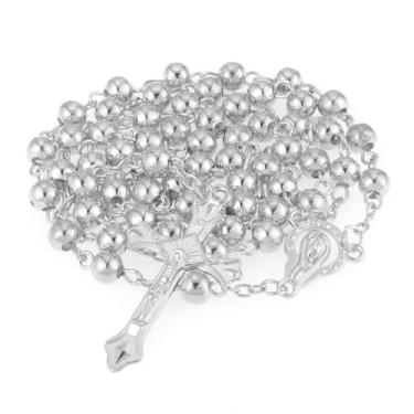 Imagem de OEMOO Rosário católico, colar de rosário com bolsa de couro, contas de oração prata presentes cristãos para mulheres presentes católicos (A)