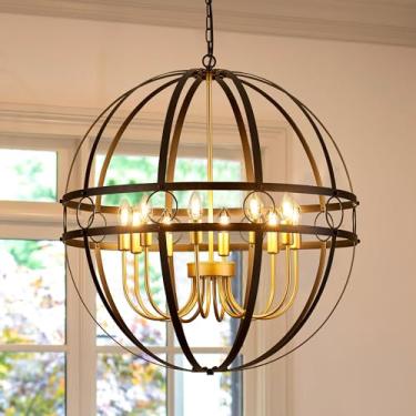 Imagem de lighceac Lustre moderno preto e dourado para sala de jantar 58 cm industrial vintage globo lustre 8 luzes para foyer fazenda pingente rústico luminárias de teto para sala de estar cozinha quarto