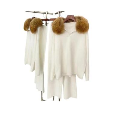 Imagem de Conjunto Feminino De Suéter E Casaco De Tricô Com Gola De Pele De Rapo